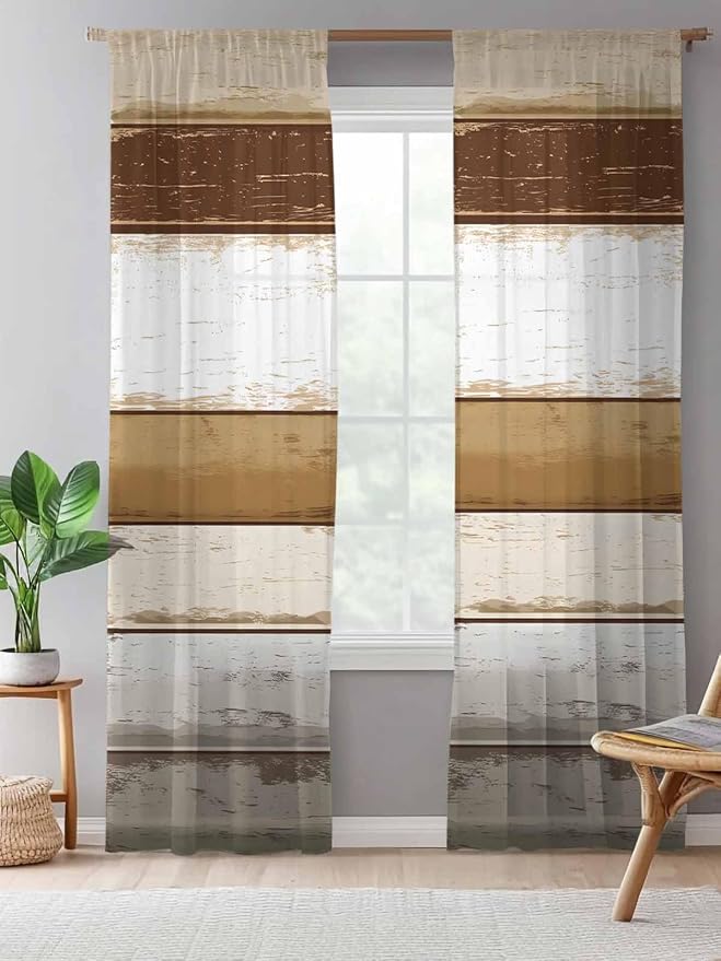 Sheer Curtains 108 Inches Long, Vintage Country Geometric Striped Privacy Voile - Image 5