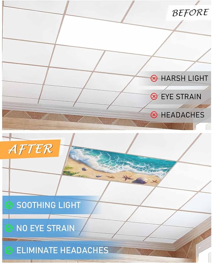 Ocean 2 Pcs Fluorescent Light Covers, Sandy Beach Marine Wave Seashell Magnetic - Image 6