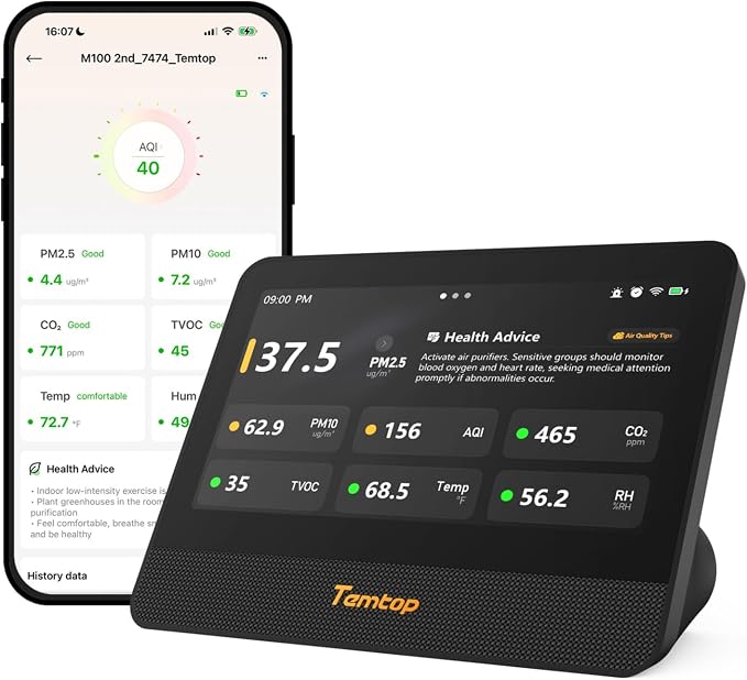 Temtop WiFi Air Quality Monitor M100 2nd Gen, 7 Inch Touchscreen CO2 Detector & by Temtop