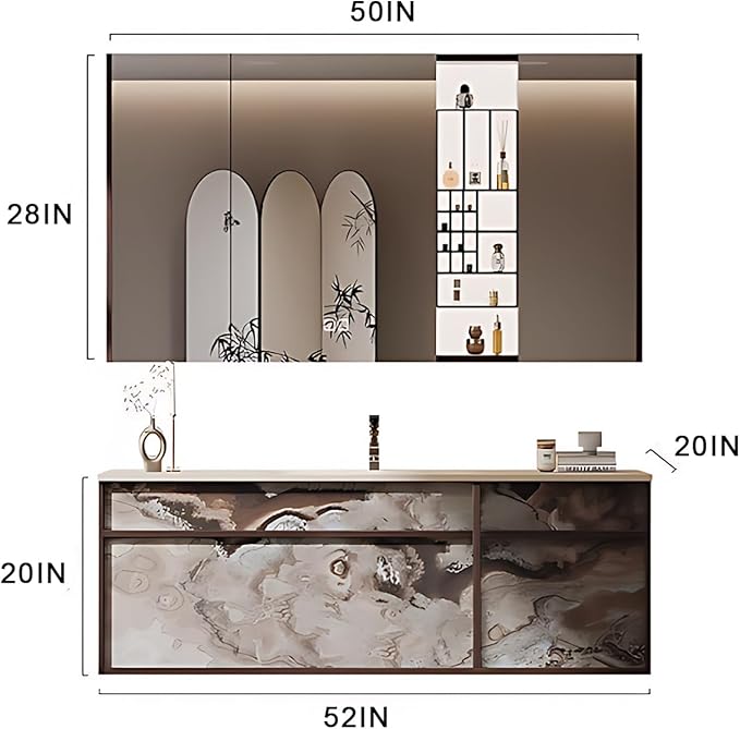 52IN Modern Bathroom Vanity with Sink - Bathroom Vanity with 2 Drawer Organizer, LED Mirror Lights & Defogging Function | Wall - Mounted Vanity with Silver Sink Faucet