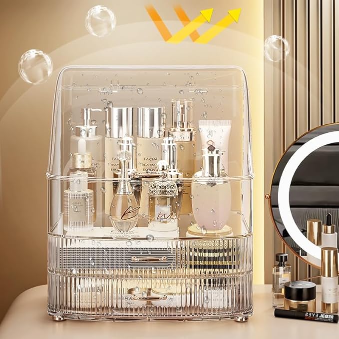 Makeup Organizer Countertop Vanity with Transparent Lid Drawers Waterproof Dustproof Cosmetic Skincare Bathroom Storage Gift for Women Teens Girls (Clear Whtie)