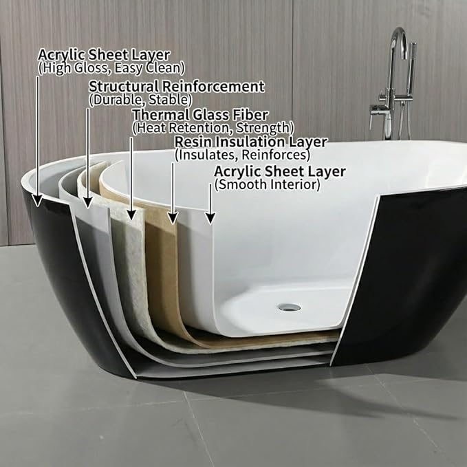 59 Inch Acrylic Freestanding Bathtub, Acrylic Soaking Bathtub with Matte Drain and Overflow, Modern Square Tub, CUPC Certified, Deep Ergonomic Design, Double-Walled Insulation, Easy Installation