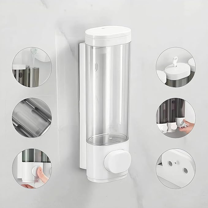 White Manual Bathroom Wall Mounted Soap Dispenser, 10oz/300ml Single Bathroom Shampoo and Conditioner Dispenser, Clear Plastic Refillable Liquid Lotion Pump Dispenser and Organizer