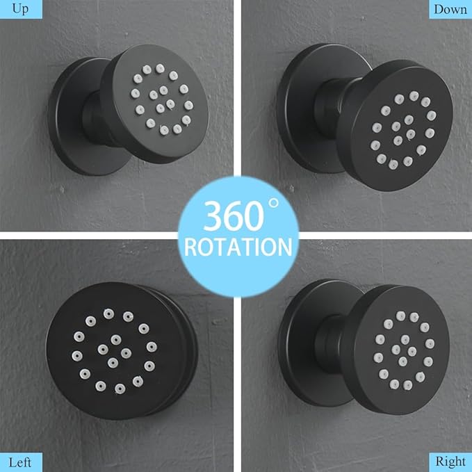 Matte Black Round Shower Faucet Set with Body Jets 12 Inch Shower Head Handheld Shower Combo Set High Pressure Ceiling Mount with Rough-in Valve