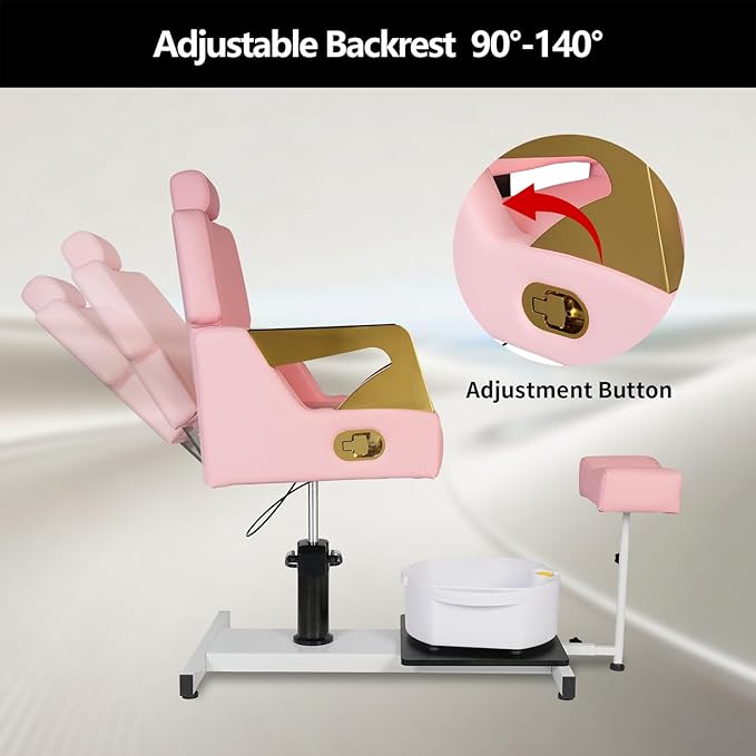 Reclining Pedicure Chair with Stool, Pedicure Station with Foot Massage Basin 360° Swivel Pedicure Chair Hydraulic Adjustable Height for Foot Spa Unit Station Pink
