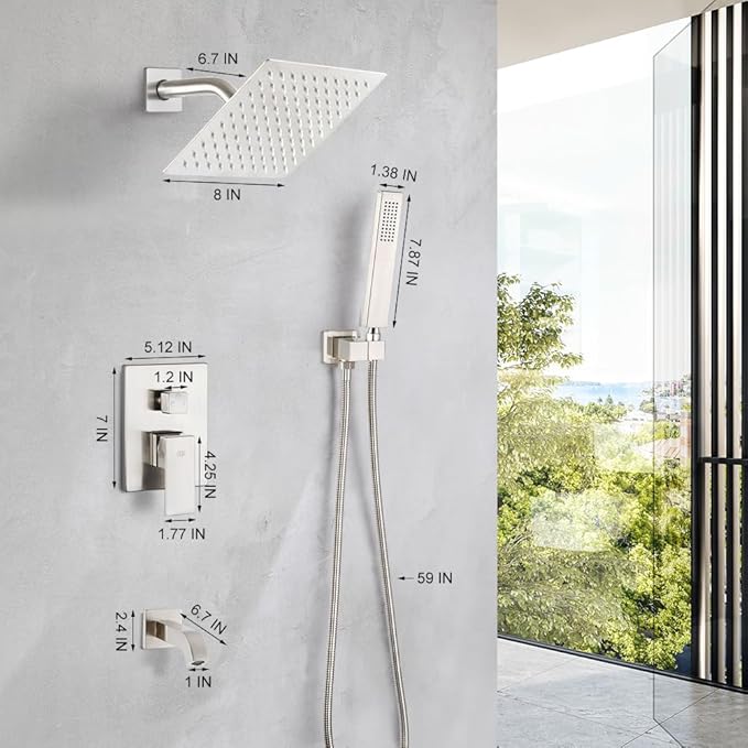 POP SANITARYWARE Shower Tub Faucet Set Brushed Nickel Bathroom 8 Inch Shower Head System with Tub Spout Wall Mounted Singe Handle Tub and Shower Trim Kit with Valve