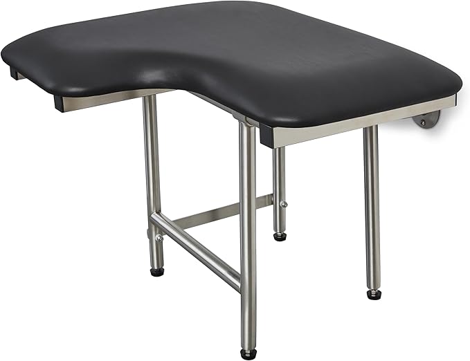 32" x 22.5" Black Padded Wall Mount Folding Right-Handed Transfer Bench Shower Seat with Legs, ADA Compliant