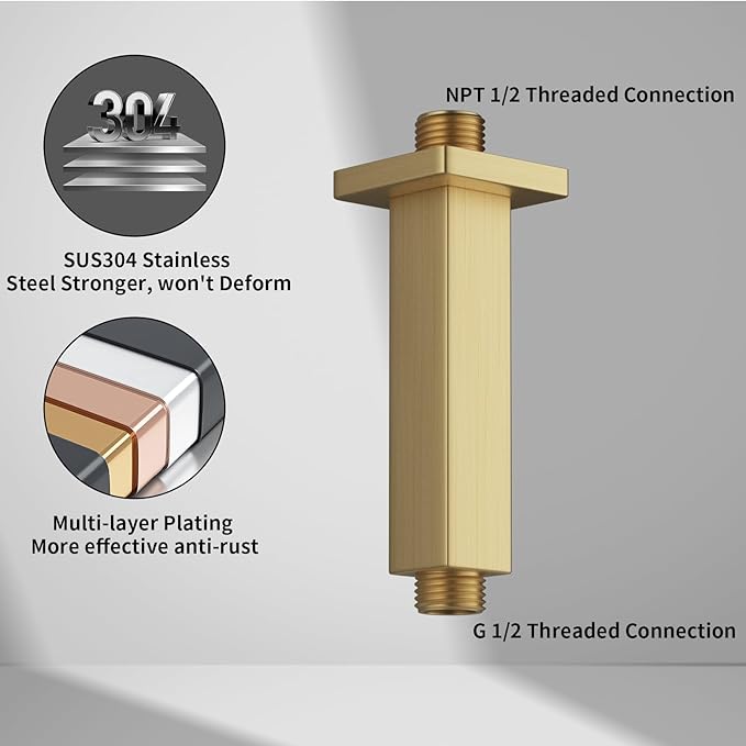 Brushed Gold Shower Arm with Flange 4 inch Square Shower Head Extension Arm for Fixed Showerheads and Handheld Showerheads, KATAIS