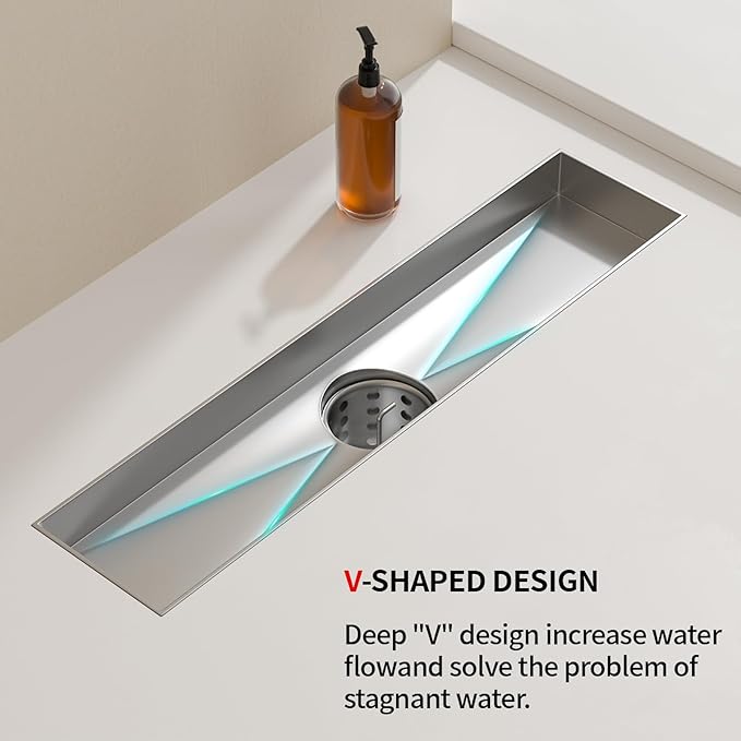 Linear Shower Drain, 304 Stainless Steel with Adjustable Leveling Feet, Hair Strainer,Reversely Install Place to Create an Invisible Floor Drain - Silver -16-Inch