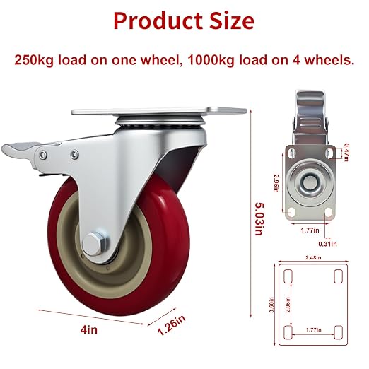 6 Pcs 4 Inch Heavy Duty Casters, Lockable Swivel Bearing Caster - Image 2