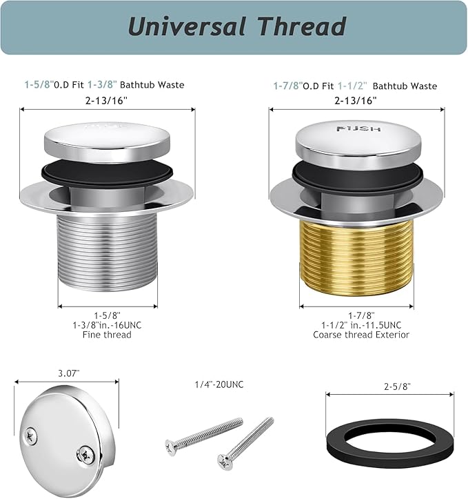 Tip-Toe Bathtub Drain Kit with Two-Hole Overflow Plate, Premium Quality Bath Tub Drain Replacement, Universal Fine/Coarse Thread Bathtub Stopper (Brushed Nickel)