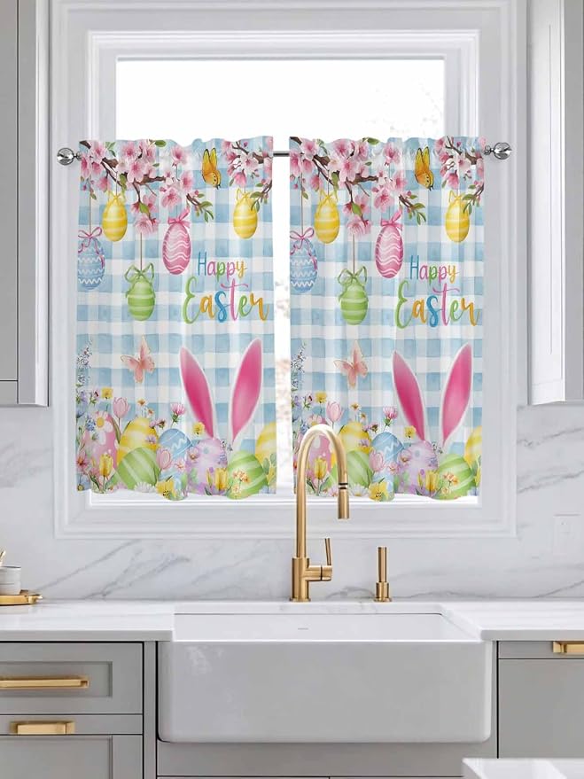 Happy Easter Kitchen Curtains 45 Inches length, Spring Watercolor Bunny Eggs - Image 3
