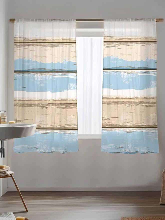 Sheer Curtains 63 Inch Length, Vintage Geometric Blue Semi Sheer Curtains Light - Image 5