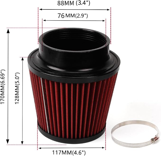 Red 3" 76mm Inlet Cone Replacement Dry Air Filter High Flow Car Performance - Image 5