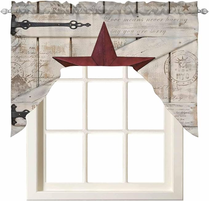 Village Stars Swag Kitchen Curtains Valance and Tier Set, Vintage Dark Red Star by Unknown