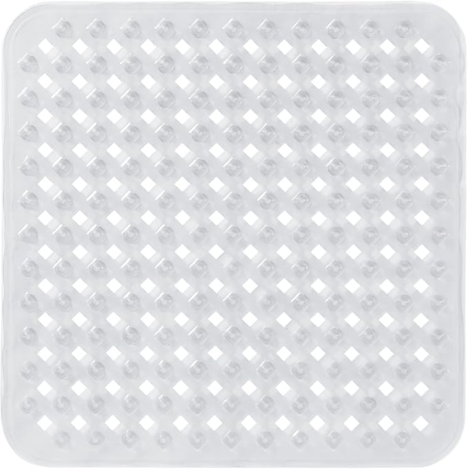 Yimobra Square Shower Mat Non Slip, Super Strong Suction Cups, 21"x21" Bath Tub Mat with Drain Holes, Machine Washable Fast Draining Bath Mats, Bathroom Essentials,Clear