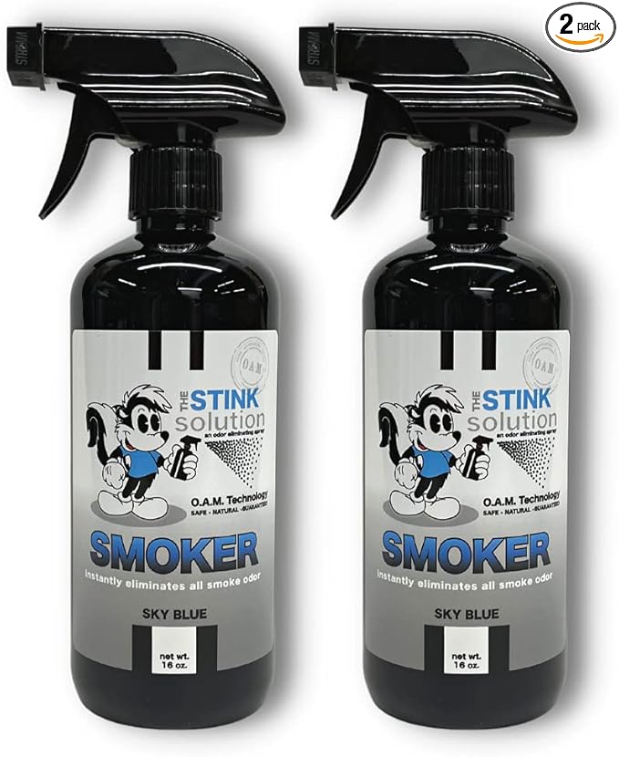 The Stink Solution Smoke Odor Eliminator Spray - Completely Remove Smoke Smell From House, Car, Clothes, Hands, Hair, & More - Best Odor Eliminator For Smoke - Sky Blue Fragrance - 2 16 oz Bottles
