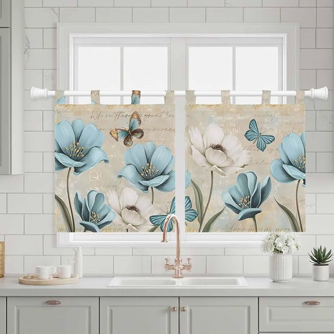 Spring Flowers Kitchen Curtains 24 Inch Length, Small Window Curtains Tab Top - Image 3