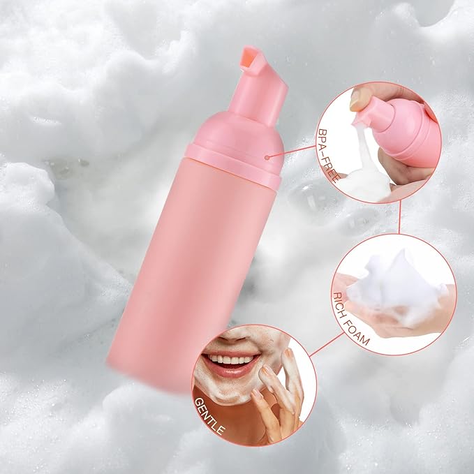 Tekson 10PCS Soap Foam Bottle (2 oz), Empty Travel Foaming Lash Shampoo for Cleanser, Dispenser (Pink Cap)