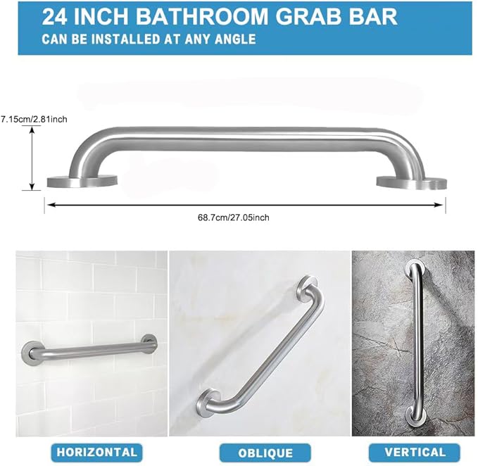 Stainless Steel Bathroom Safety Shower Grab Bar, Anti Slip Bathtubs Grab Bars,Toilet Assist Saft Handle Handrail ADA Compliant 500lbs for Handicap Elderly Senior (Brushed, 24 inches)