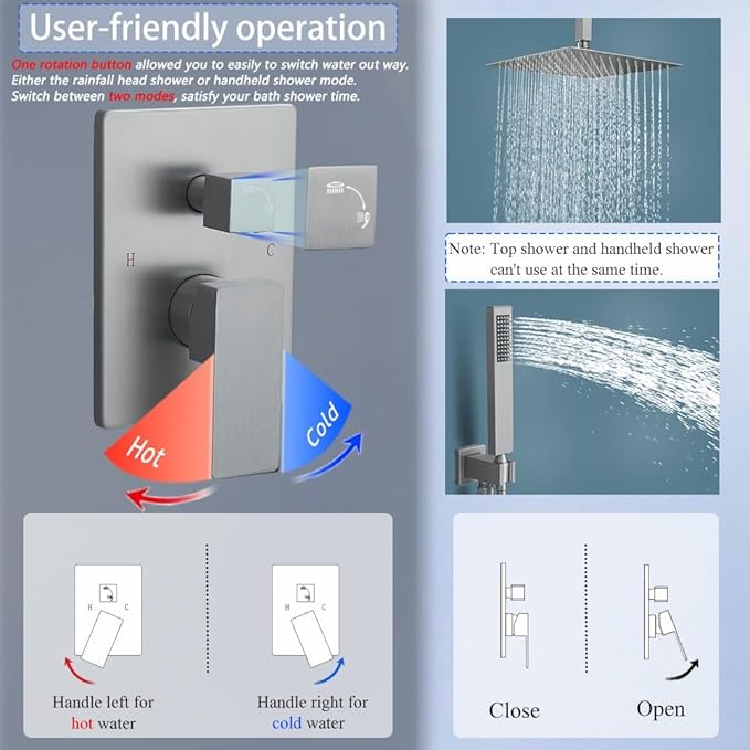 16 Inch Brushed Nickel Ceiling Mount Shower System Bathroom Luxury Rain Mixer Shower Combo Set Ceiling Rainfall Shower Head System Faucet Contain Rough-in Valve and Trim Included