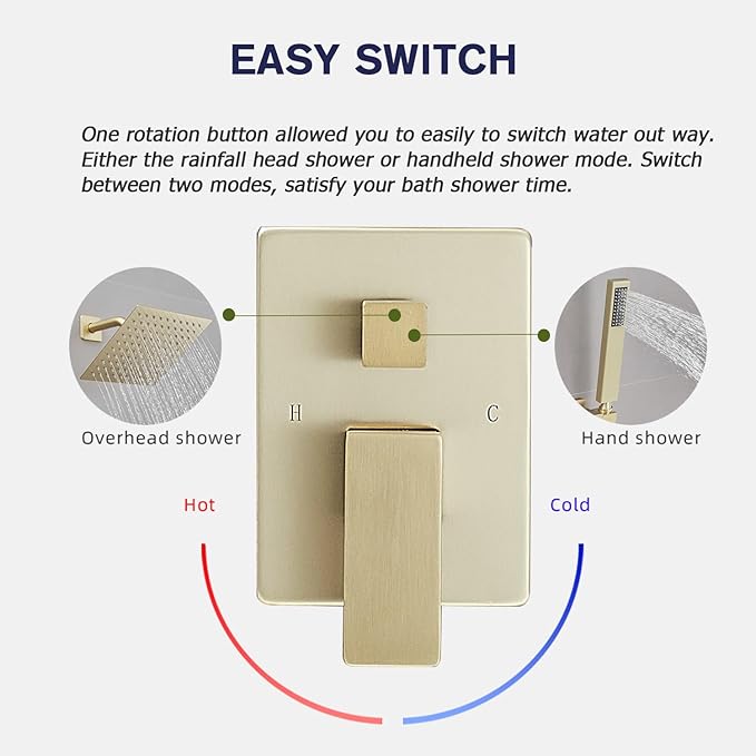 Rain Shower System 12 Inch Ultra Large Shower Head High Pressure Brushed Gold Surface Dual Function Shower Vavle Trim Kit