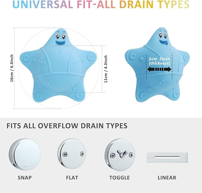 Bathtub Overflow Drain Cover, Silicone Tub Overflow Drain Cover, Soak Bathtub Drain Cover Stopper with Suction Cups, Cute Bathroom Spa Accessories Adds Inches of Water for Deeper Bath (Blue)