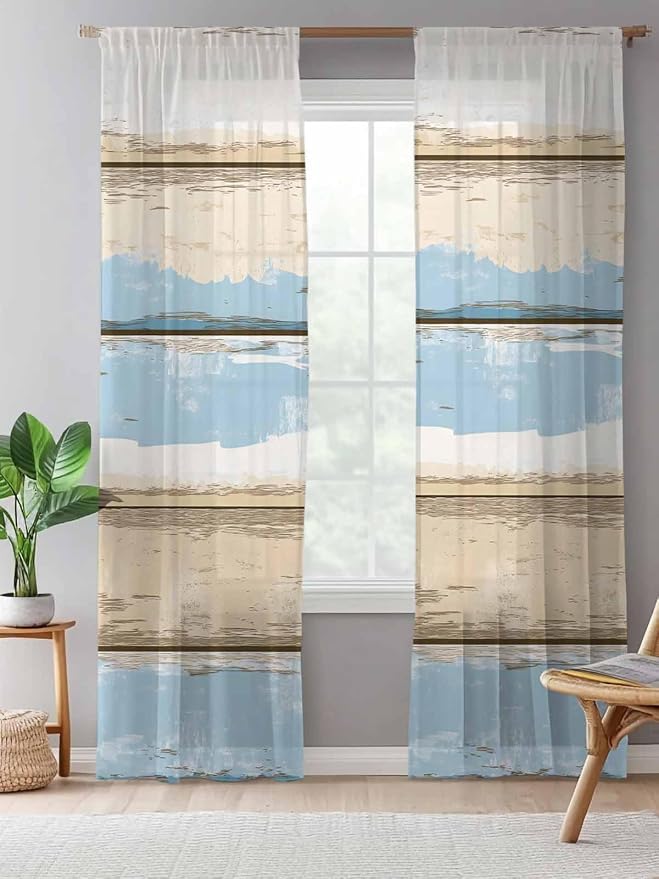 Sheer Curtains 84 Inches Long, Vintage Geometric Blue Semi Sheer Curtains Light - Image 5
