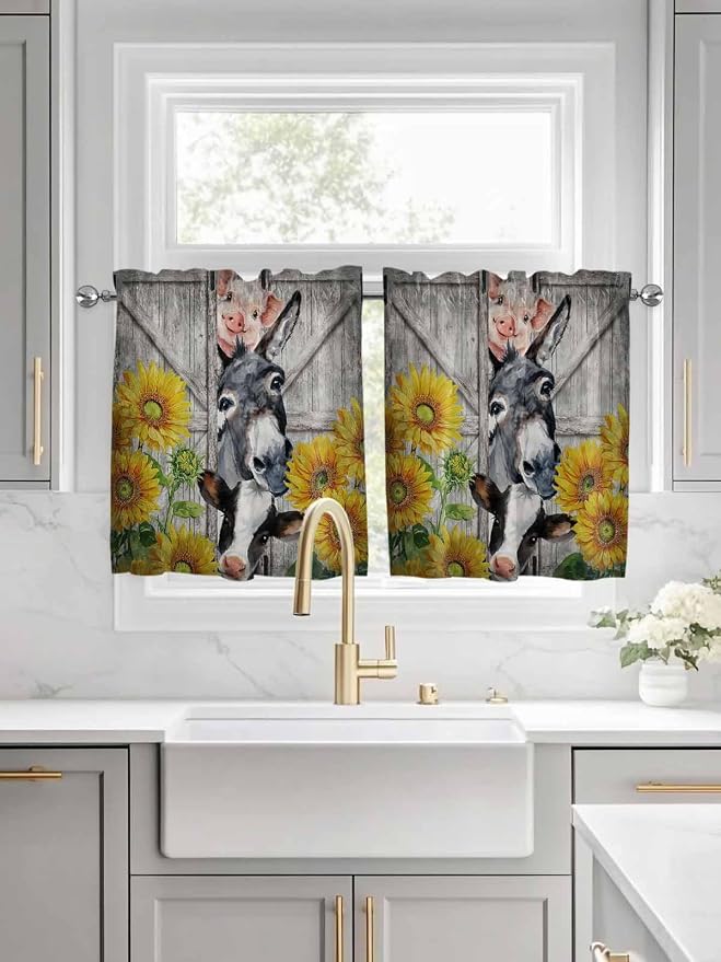 Farmhouse Half Window Curtain 36 Inches Long, Vintage Sunflowers Animals - Image 3