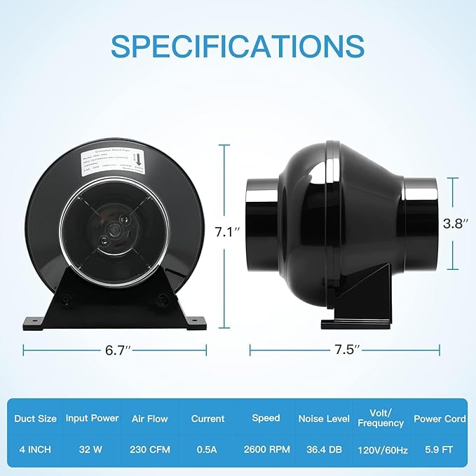 iPower 4 Inch 195 CFM Inline Fan, Air Carbon Filter, 8 Feet PVC Ducting - Image 4