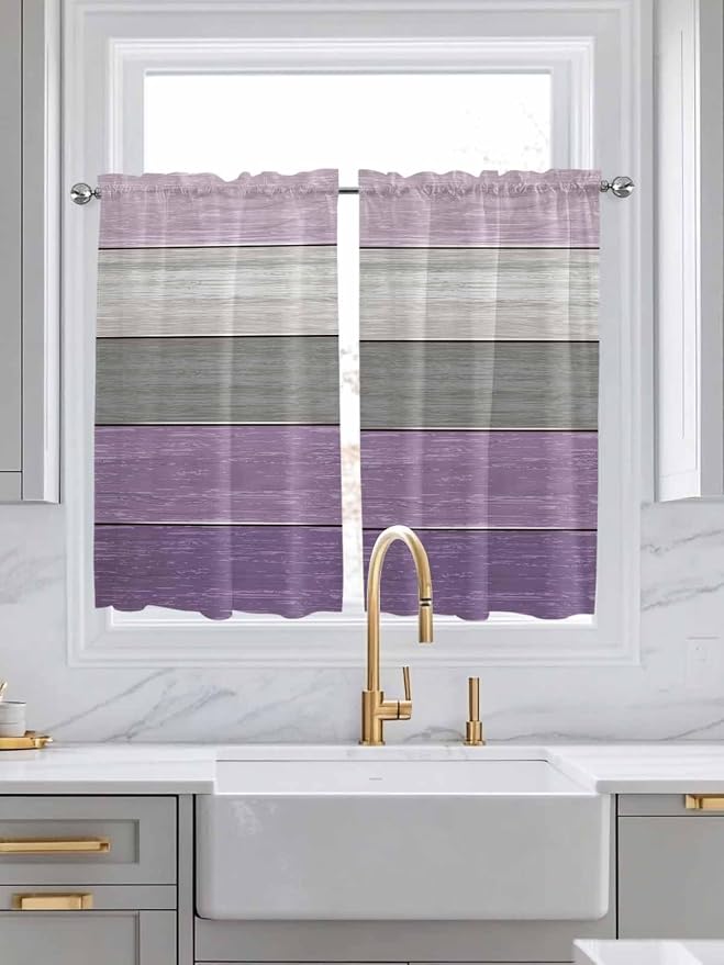 Country Wood Board Gray Purple Window Valance Curtains, Farmhouse Gradient - Image 3