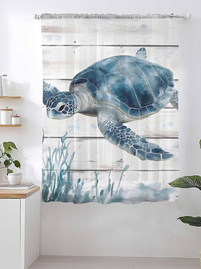 Sheer Curtains 63 Inch Length, Ocean Sea Turtle Semi Sheer Curtains Light - Image 2