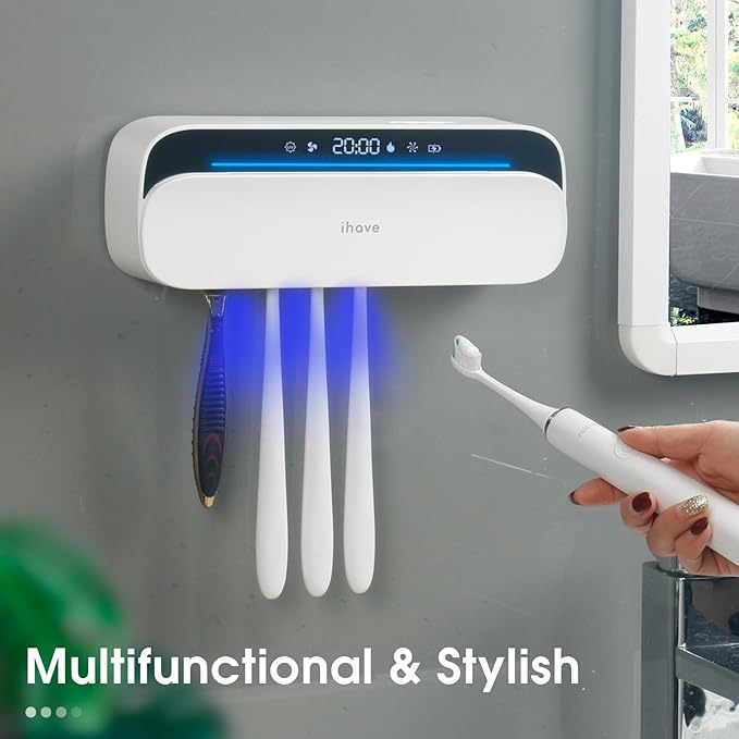 iHave Toothbrush Sanitizer and Holder, UV Toothbrush Holders for Bathrooms with 100M Negative Ions for 360° Disinfection, Mold Control & Odor Neutralization, 5-Slot Turbofan Drying Toothbrush Holder