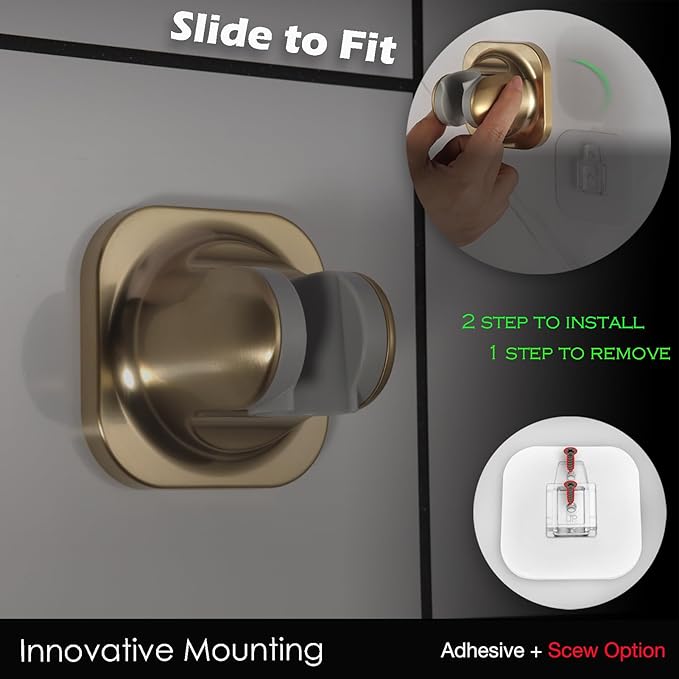 Handle held Shower Head Holder Wall Mount -Adjustable in 5 Positions - Dual Mount Option (Screw/Adhesive) - Brushed Gold