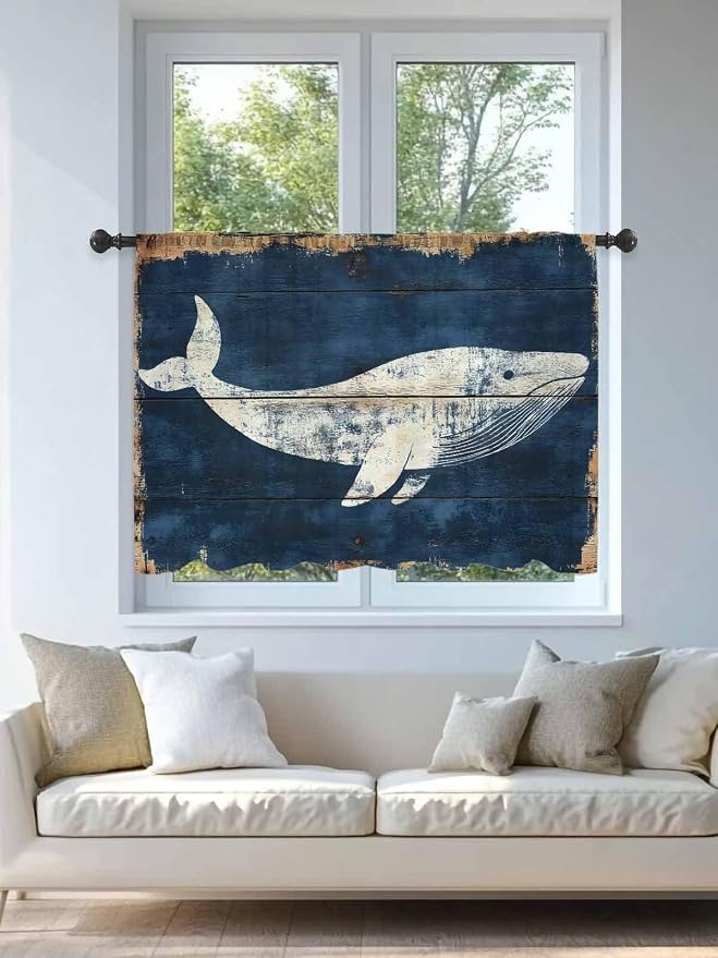 Sheer Curtains 54 Inch Length, Ocean Whale Blue Semi Sheer Curtains Light - Image 4