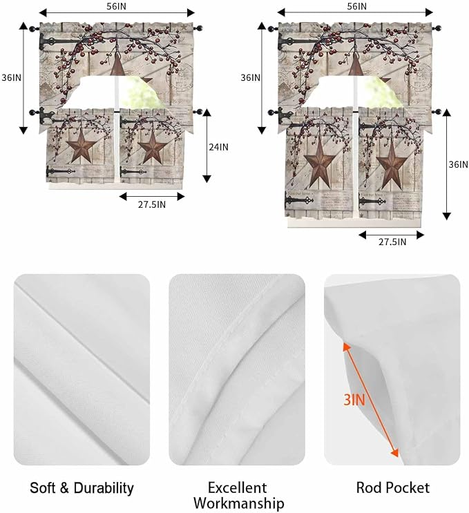 Village Stars Swag Kitchen Curtains Valance and Tier Set, Vintage Rust Yellow - Image 6