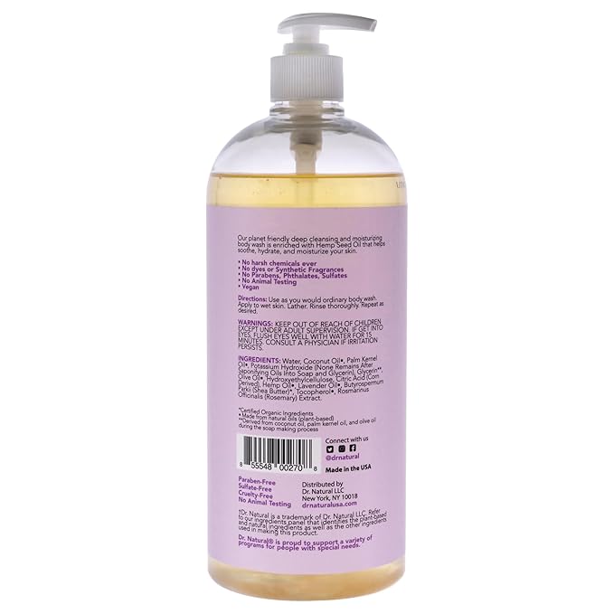 Dr. Natural Hemp Body Wash, Lavender, 32 oz - Pure Plant-Based Body Wash - Deep Cleansing and Moisturizing with Organic Shea Butter - Enriched with Hemp Seed Oil - Suitable for Sensitive Skin