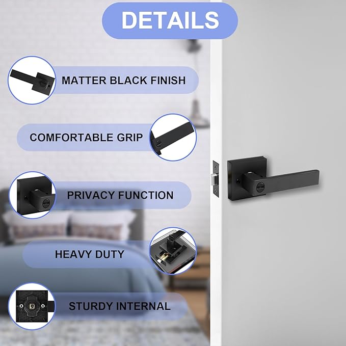 Privacy Door Levers, 3 Pack Matte Black Door Handles Heavy Duty Bed and Bath Door Locks Interior Keyless Locksets, Reversible for Left Right Handed Doors