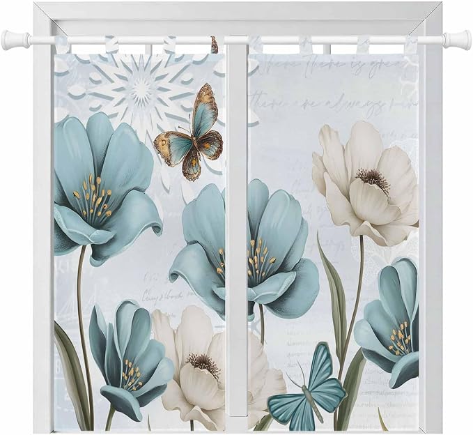 Blue Tulips Bedroom Curtains 72 Inch Length, Window Curtains Tab Top, by Unknown