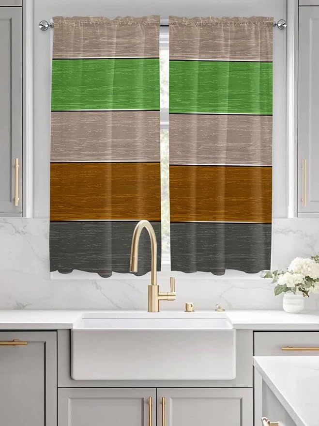 Farm Gray Green Brown Wood Grain Window Valance Curtains, Rustic Wooden Plank - Image 3