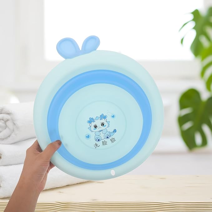 Kisangel Foldable Bath Tub and Wash Basin for Newborns, Cartoon Blue, Portable Plastic Bathtub for Bottle Washing and Hair Wash, Suitable for Travel and Home Bathing