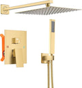 Bathroom Shower Faucet Set，10 Inch Rain Shower Head with Handheld Spray，Brass Shower Valve Trim Kit，Wall Mounted Square Rain Shower System (Brushed Gold)