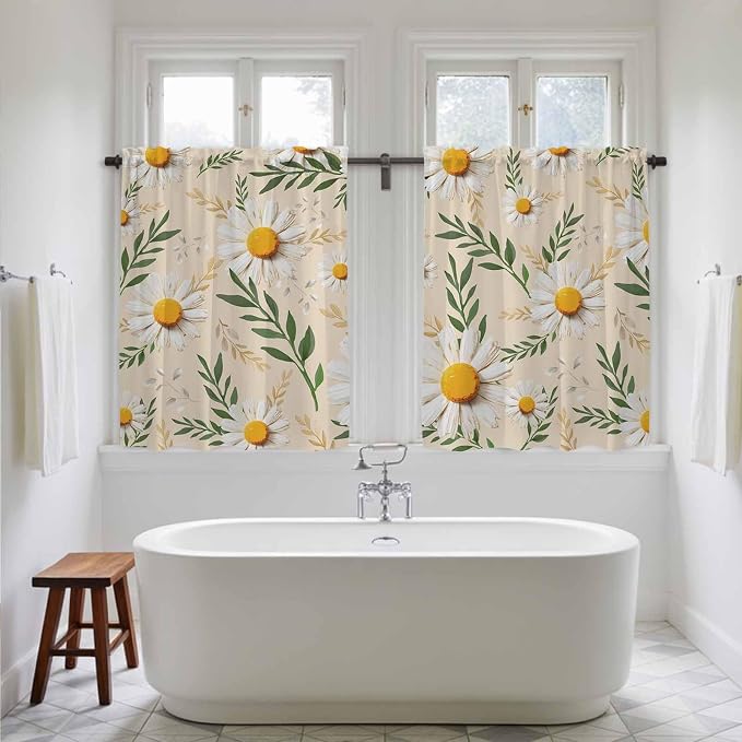 Spring Daisy Kitchen Curtains, Country Watercolor Flower Leaf Plant Light - Image 5