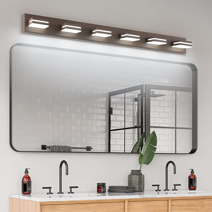 SineRise LED Modern Bathroom Vanity Light Fixtures (6-Light, 48-Inch), Brown Wood Painted Modern Acrylic Bathroom Wall Lighting Fixtures Over Mirror (Cool White 6000K)