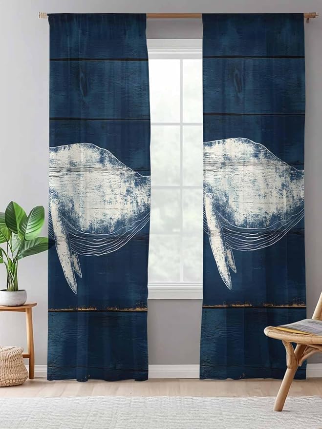 Sheer Curtains 96 Inches Long, Summer Whale Semi Sheer Curtains Light Filtering - Image 5