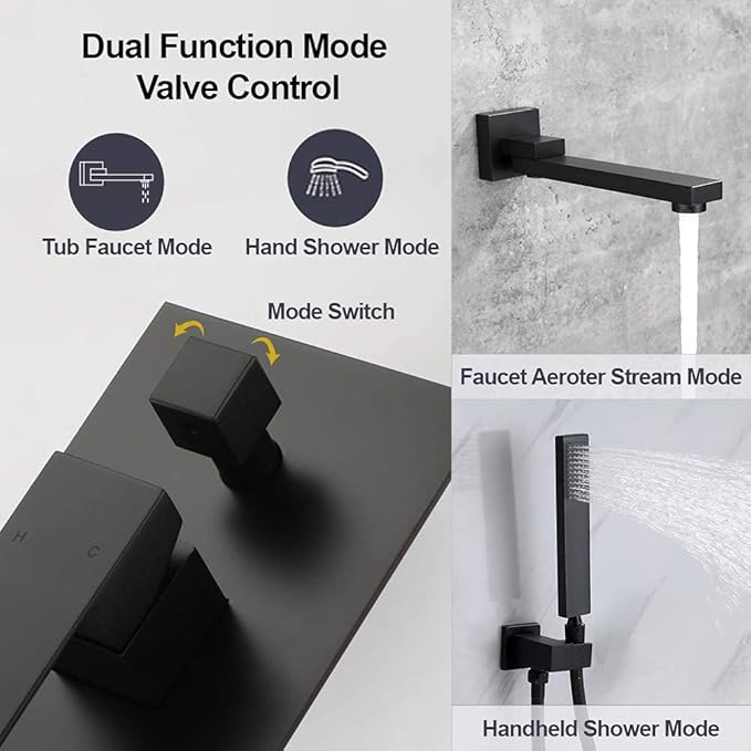 Wall Mounted Bathtub Faucet with Handheld Shower, Solid Brass 180° Swivel Bathroom Tub Filler Faucet with Hand Shower Modern Single Handle Tub Faucet Set, Matte Black