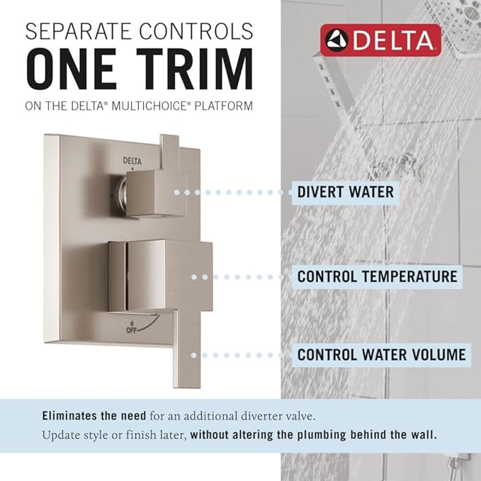 Delta Modern 14 Series Square Rain Shower System Faucet Set, Rainfall Brushed Nickel Shower Head and Handle Set, Valve Trim Kit, 10 Inch, Spotshield Stainless 342701-SP