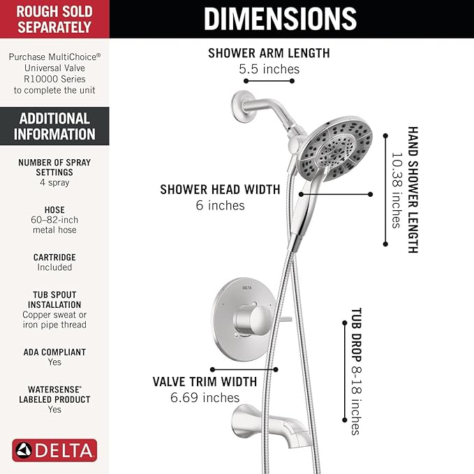 Delta Faucet Albion 14 Series Single-Handle Tub and Shower Faucet Set, Chrome Shower Trim Kit with 4-Setting In2ition 2-in-1 Dual Hand Held Shower Head, Chrome T144855-I (Valve Not Included)