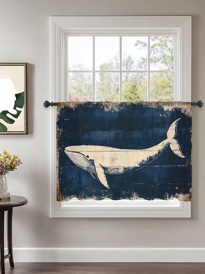 Sheer Curtains 54 Inch Length, Ocean Whale Blue Semi Sheer Curtains Light - Image 2