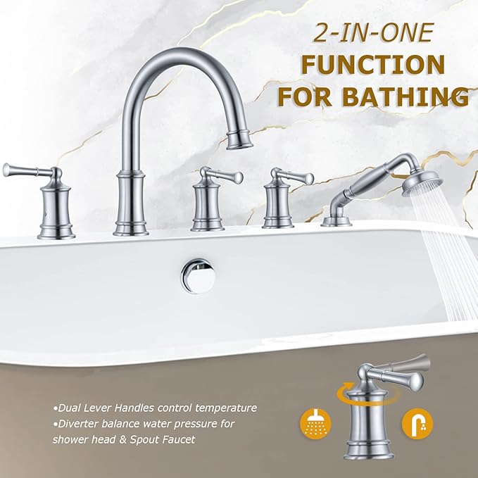 Roman Tub Faucet with Hand Shower, Antique Tub Shower Faucet Set with Valve for 5 Hole, Deck Mount Shower Tub Faucet Set，3 Handle Bath Tub Faucet High Flow, Brushed Nickel(B2309-BN)